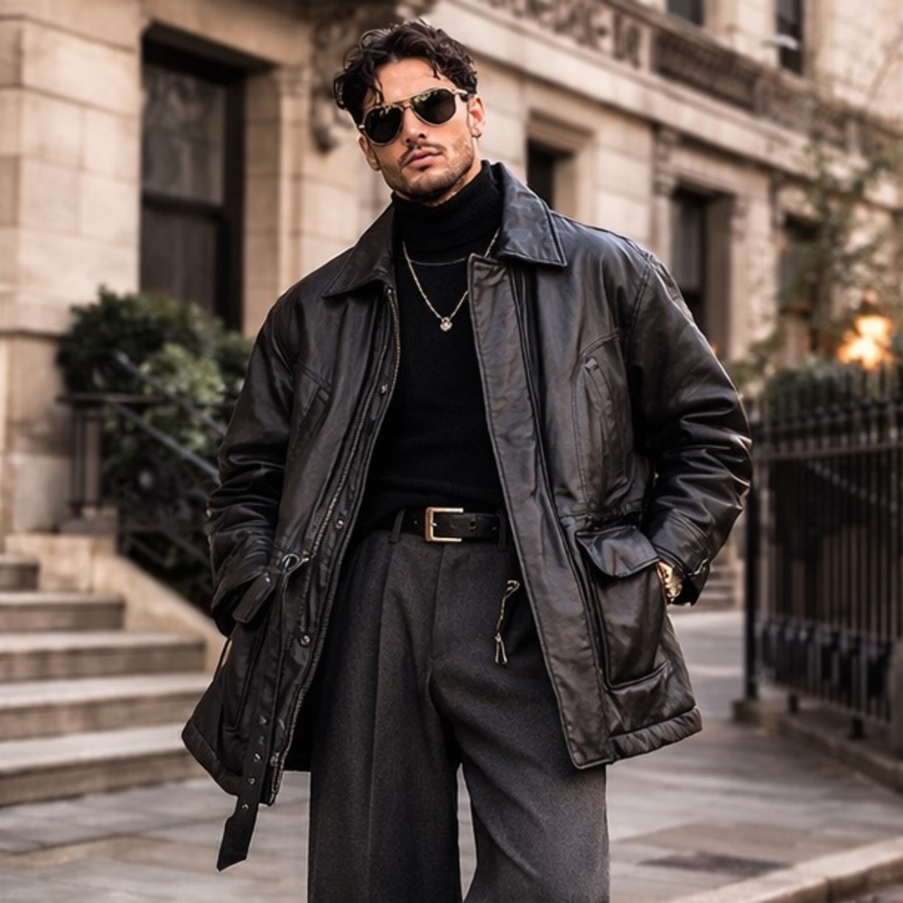 90s Minimalist Black Leather Field Jacket London Fog Utility Coat Lined S - Picture 1 of 15